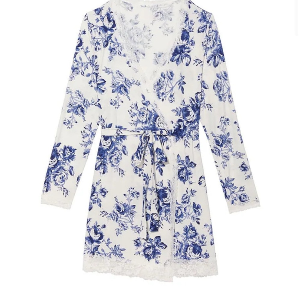 Victoria’s Secret White Blue Toile Cotton Robe Medium/Large